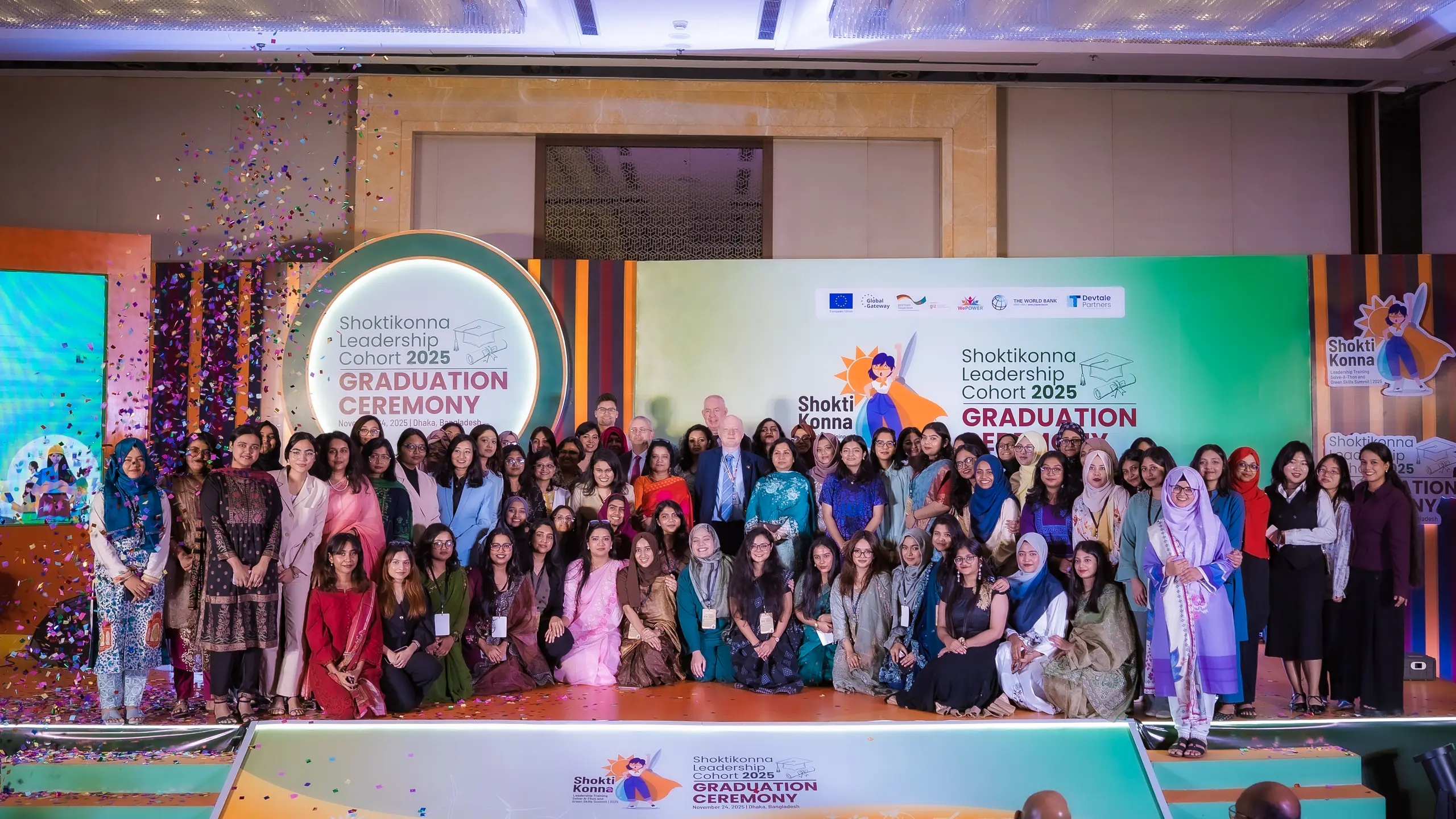 Shoktikonna Leadership Cohort 2025 graduates celebrating on stage at the graduation ceremony in Dhaka